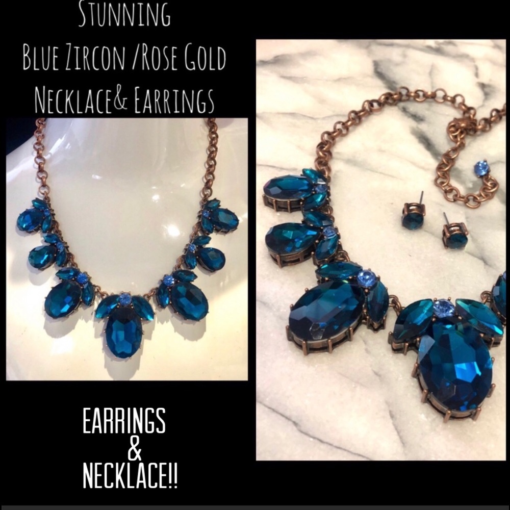 Blue Zircon Crystal/Rose Gd Necklace & EarringsNWT